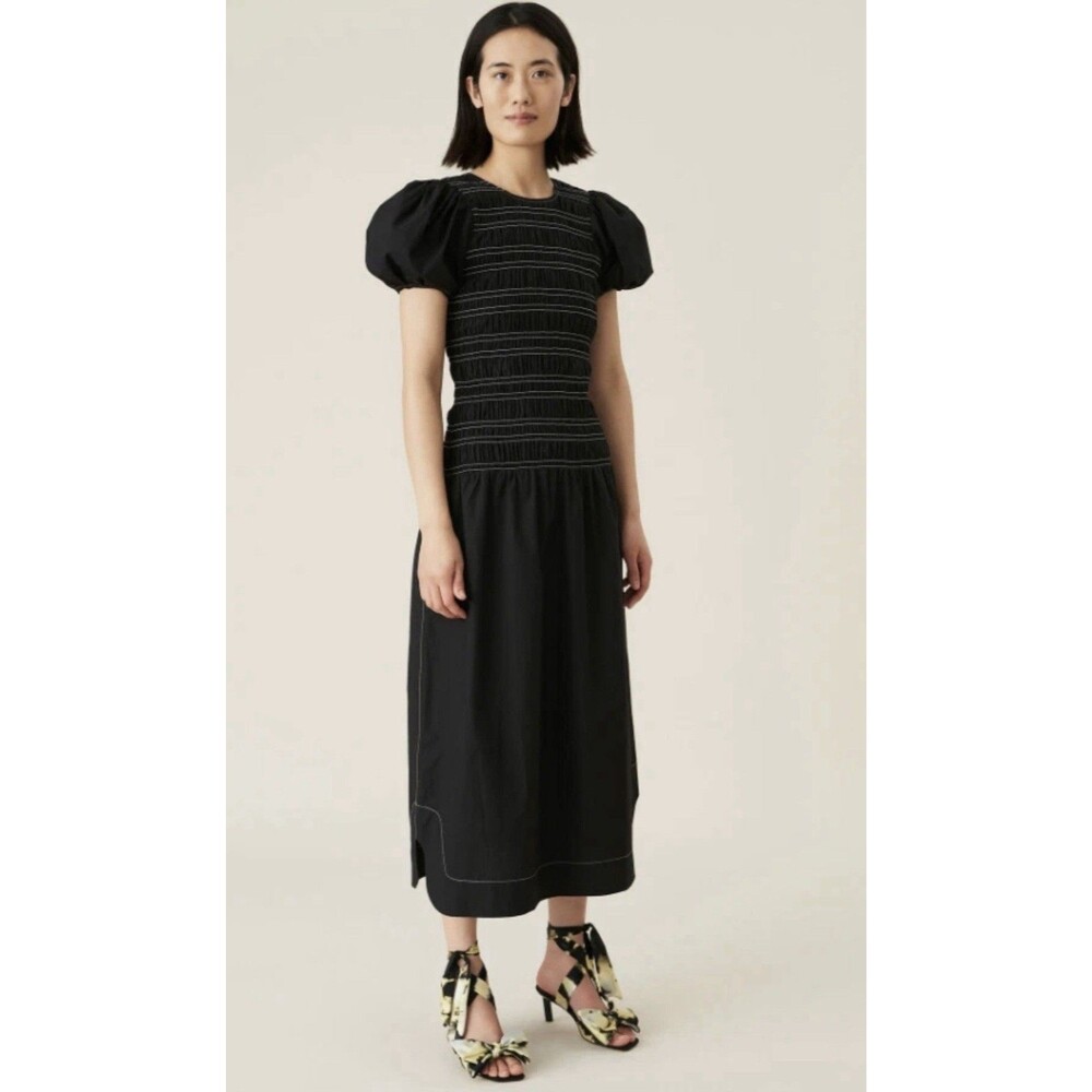 GANNI Cotton Poplin Midi Dress Black Size 36  Smocked Bodice Contrast Stitching